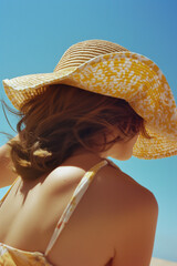 Wall Mural - A woman wearing a yellow patterned hat gazing towards the ocean, her hair blowing in the breeze. A serene and relaxed summer scene.