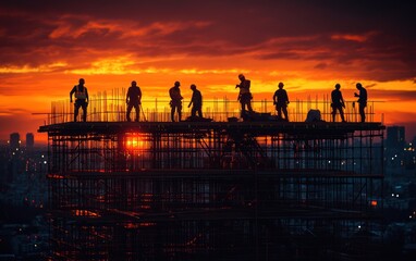 Poster - Construction Workers Silhouette at Sunset