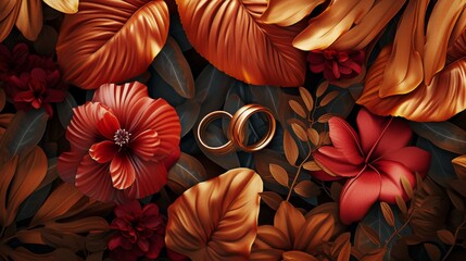 Two golden wedding rings are artfully placed amidst a rich arrangement of deep red and gold leaves. The lush floral background creates a warm and luxurious setting, perfect for showcasing the beauty