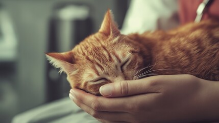 A sleeping ginger cat cradled in someone's hands, depicting comfort and warmth in a veterinary or pet care setting.