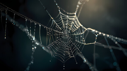 abstract background of an intricate spider web with delicate, shimmering silver threads against a dark, misty backdrop