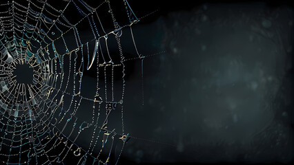 abstract background of an intricate spider web with delicate, shimmering silver threads against a dark, misty backdrop