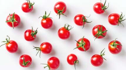 Wall Mural - Ripe cherry tomatoes on white background. Healthy food idea. Top view.