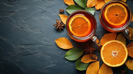 Two glasses of cherry mulled wine, gluhwein or glogg with cherry juice, orange, cinnamon, star anise and cloves. Winter time. Holiday concept, yellow lights of the New Year's eve garland on background