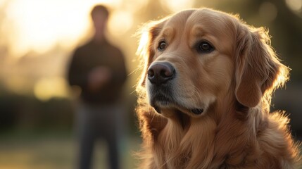 A golden retriever in focus with a person blurred in the background during sunset.