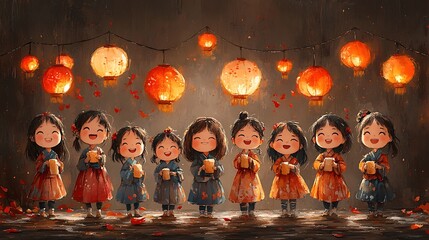 Sticker - Smiling Children Holding Lanterns Under a String of Lights.