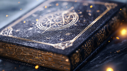 close-up of a witch’s spell book with enchanted symbols and ornate decorations