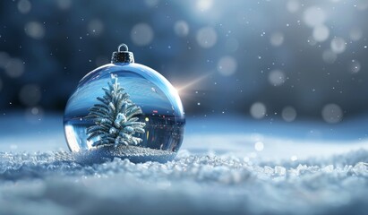 A beautifully decorated Christmas tree is enclosed in a glass bauble, nestled in the snow. The background, filled with bokeh lights, creates a dreamy, festive atmosphere, evoking holiday warmth cheer