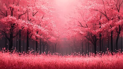 Wall Mural - Pink Forest with Mist and Falling Petals.