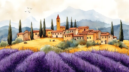 Wall Mural - Watercolor Painting of a Picturesque Lavender Field with a Village in the Background.