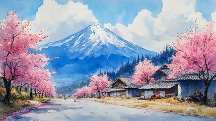 Canvas Print - Watercolor Painting of Mount Fuji with Cherry Blossoms and a Village.