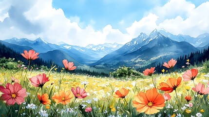 Poster - Watercolor Painting of Flowers in a Field with Mountains in the Background.