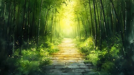 Sticker - Sunlit Path Through a Lush Bamboo Forest.