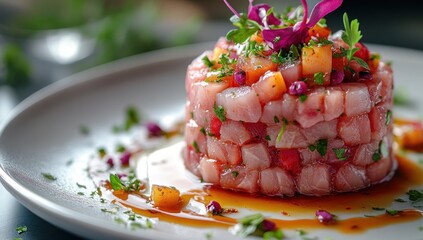 Canvas Print - Appetizing Tuna Tartare with Herbs and Sauce