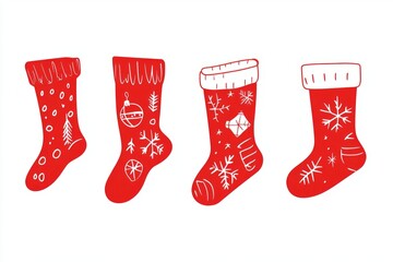 Wall Mural - Hand Draw Christmas red sock set, stocking present holiday santa set.