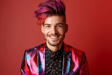 Vibrant portrait of young man trendy hairstyle and confident smile. Confident young man appealing smile and captivating hair. Radiating confidence unique personal style and vibrant expression.