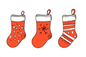 Wall Mural - Hand Draw Christmas red sock set, stocking present holiday santa set.