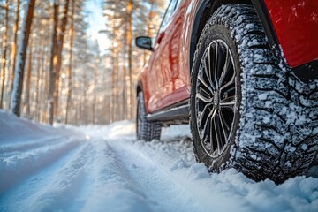 Red car driving on snowy forest road in winter