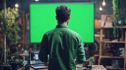 Poster - Man working with green screen in creative office