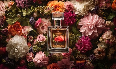 Poster - Perfume Bottle Surrounded by a Variety of Colorful Flowers