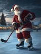 © Business Pics - Santa plays hockey on a skating rink in the evening.