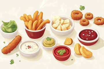 Illustration of side dishes, including french fries and onion rings with aioli or ketchup.