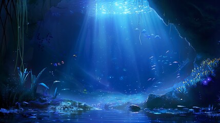 Poster - there is a large cave with a lot of water and fish