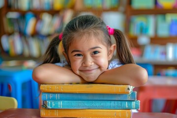 Classroom blossoms student vibrant and cheerful smile. Young girl bright smile rests her chin stack of books. Image symbolizes joy of learning and youthful curiosity.