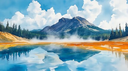 Sticker - Watercolor Landscape with Mountain and Lake Reflection.