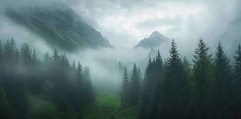 Poster - A photograph of a forest fog in the morning mystic mountains. This was created by AI.