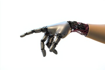 Leinwandbilder - A white cyborg robotic hand points to a human hand with a stretched finger - cyberla creation - isolated on a white  background.