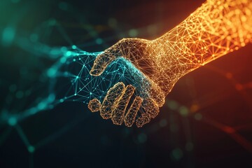 Aufkleber - An Stock illustration of glowing hands, handshakes, business, technology, and trust
