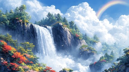 Canvas Print - Majestic Waterfall with Rainbow and Clouds in a Lush Forest.