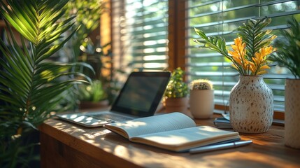 Canvas Print - Laptop, Notebook and Flowers on a Windowsill