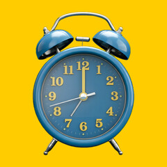 Retro Blue Alarm Clock The image features a retro-style blue alarm clock set against a vibrant yellow background. The clock has a classic design with twin bells on top and a round face displaying bold