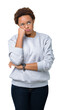 © Krakenimages.com - Young beautiful african american woman wearing glasses over isolated background thinking looking tired and bored with depression problems with crossed arms.