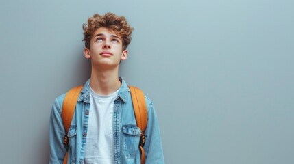 A young man with a backpack and a blue shirt is looking up at the camera