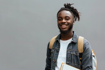 A young man with a backpack and a smile on his face