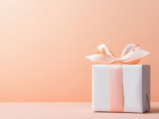 Poster - Gift box with peach ribbon on peach background.