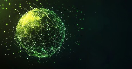 Leinwandbilder - An abstract green yellow sphere background made up of lines and dots. Blend mode 4K, FUI element. geometric backdrop from abstract molecules.