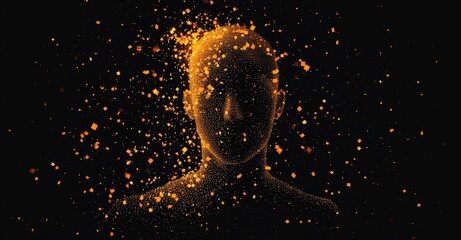 Fototapete - An image of an orange neon human figure with a technology background made up of dots and particles. Blend mode, FUI element. 3D image in the metaverse.