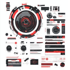 Fototapete - FUI circle set, loading bars, lines, and arrows in HUD style.