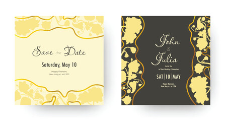 Wedding invitation layout with large floral silhouettes. Hand-drawn flower parts. Trendy festive design. Golden glittering ribbons. Romantic holiday card. Cards with two backgrounds, light and dark.