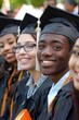 © Synthetica - A group of people wearing graduation caps and gowns are smiling for the camera