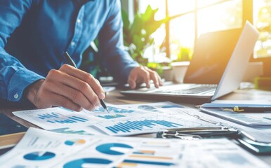 Fototapete - Analysts use a computer and dashboard for data analysis and Data Management System for finance, operations, sales, marketing, and technology analysis