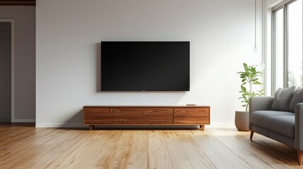 Wall Mural - Living room mock up with TV cabinet, lamp, table, flower and plant. Stocked.