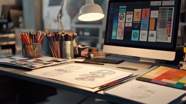 A graphic designers desktop featuring a logo design in progress, open color swatches, and a sketchbook filled with rough concept drawings.