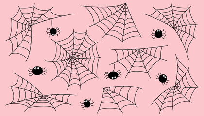 Set of Halloween black spider webs on pink background. Halloween concept. Halloween objects.	