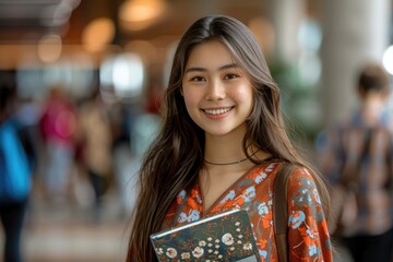 Wall Mural - A woman with long hair is smiling and holding a book