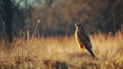 Canvas Print - A hawk perched in a sunlit field, showcasing its beauty and alertness in nature.